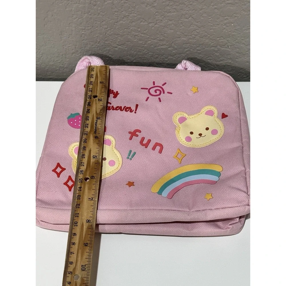 Pink Insulated Kids Lunch Bag w/ Handle, Zipper Closure, Bears Rainbow Stars